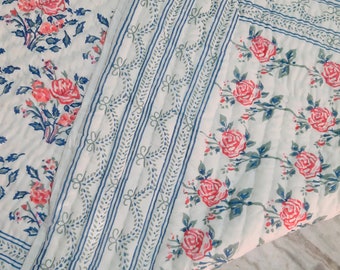 Hand Block Print Cotton Quilt: Floral Indian Blanket