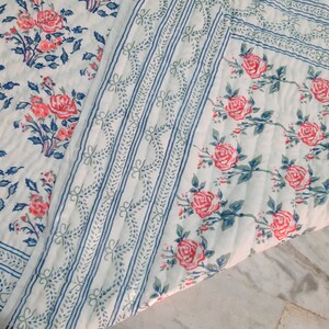 Hand Block Print Cotton Quilt: Floral Indian Blanket