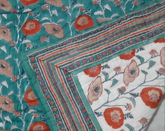 Hand Block Floral Print Cotton Quilt: Reversible Handmade Throw Blanket
