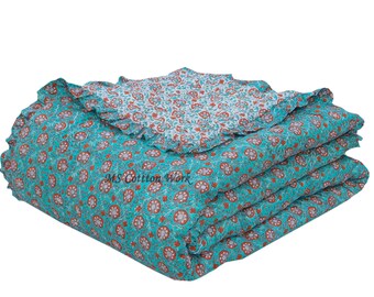 Queen Size Floral Quilt: Hand Block Print Indian Reversible Cotton Razai