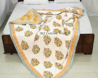 Sunshine Yellow Butta Quilt: Hand Block Printed Cotton Bedding