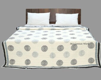 Hand Block Print Cotton Quilt: Black and Grey Polka Dot, Hand Stitched for Bed