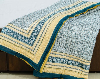 Hand Block Print Cotton Quilt: Geometric Floral Comforter