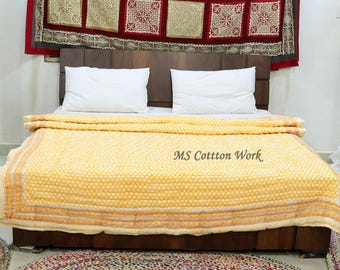 Yellow Hand Block Printed Cotton Quilt: Reversible Indian Checks Design
