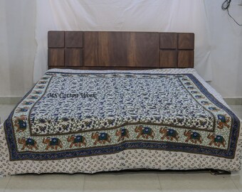 Hand Block Print Cotton Bed Sheet: Indian Elephant Design