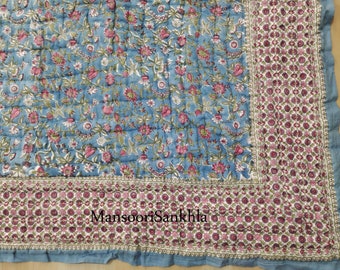 Handmade Floral Quilt: Reversible Hand Block Print Cotton Bedding