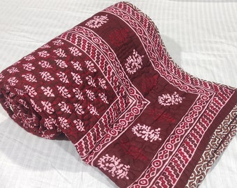 Red Block Print Cotton Quilt: Hand Stitched Queen/King Bedspread