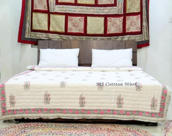 White Hand Block Printed Cotton Quilt: Reversible Floral Indian Bedding