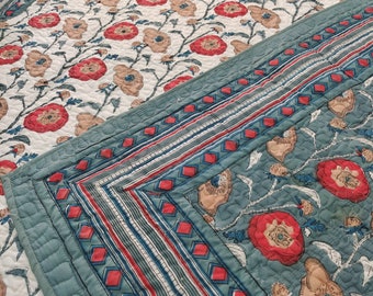 Hand Block Print Queen Quilt: Bohemian Cotton Bedspread