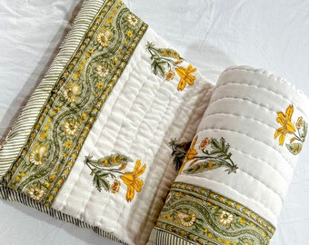 Hand Block Print Cotton Quilt, Floral Dark Base, Hand Stitched