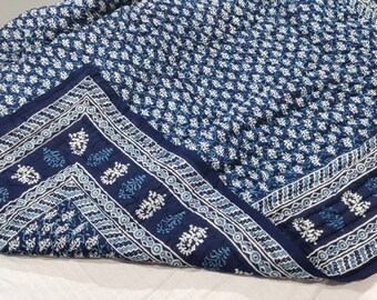 Hand Block Print Cotton Quilt: Blue Color Block, Queen Size