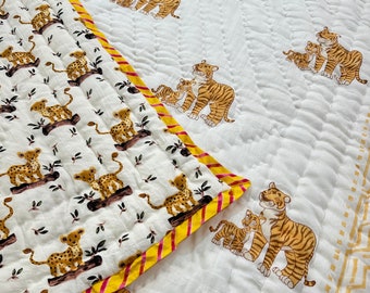 Leopard Print Baby Comforter: Hand Stitched Block Print Cotton Quilt
