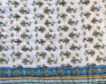 Hand Block Print Queen Quilt: Yellow & Blue Floral, Reversible Cotton Bedding