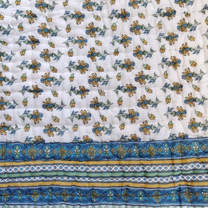 Hand Block Print Queen Quilt: Yellow & Blue Floral, Reversible Cotton Bedding
