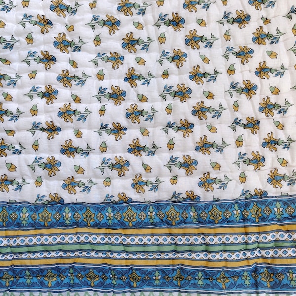 New Yellow & Blue Mix Beautiful Floral Print Hand Block Print for Queen Size Quilt, Reversible US Size Bedding Comforter, 90"X 108" inches