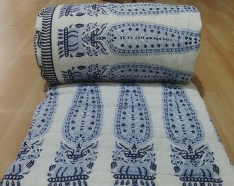 Hand Block Print Cotton Quilt: Reversible Floral Jaipuri Rajai, Queen Size
