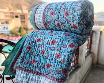 Hand Block Print Cotton Quilt: Floral Reversible Bedding (US Queen Size)