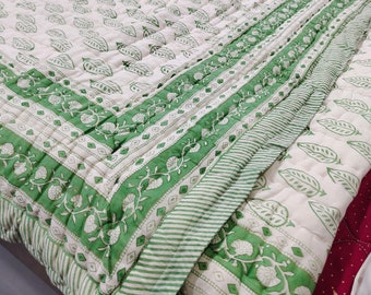 Green Leaf Block Print Quilt: Queen Size Boho Bedspread