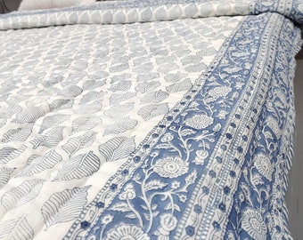 New Hand Block Print Cotton Quilt: Leaves Pattern, Reversible Boho Blanket
