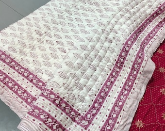 Hand Stitched Block Print Cotton Quilt: Purple Leaf Design, Reversible Queen Comforter