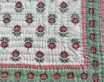 Queen Size Hand-Stitched Quilt: Block-Printed Cotton Bedding