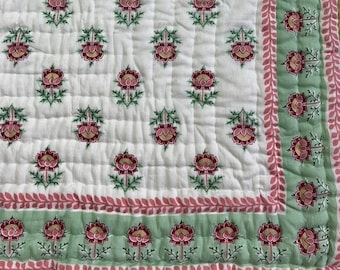 Hand-Stitched Queen Size Quilt: Block-Printed Cotton Bedding