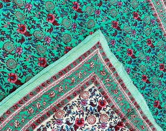 Hand Block Print Quilt: Green Multi Floral, Handmade Cotton Bedding