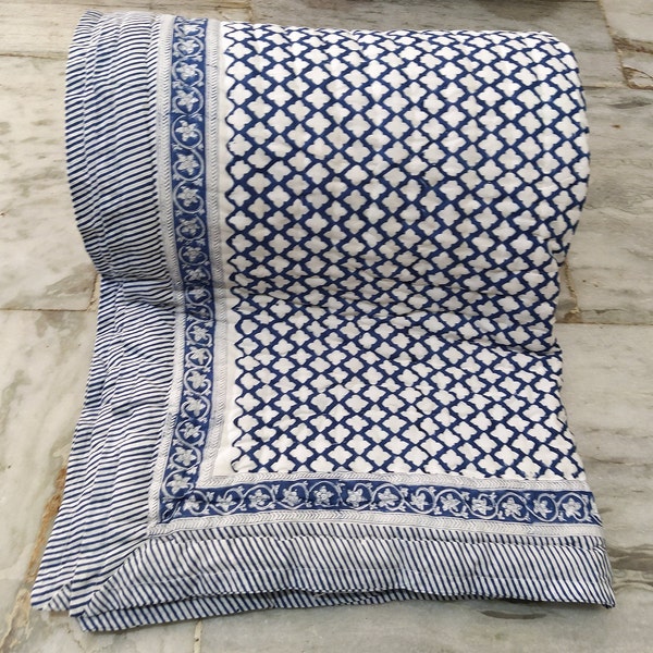 New Indigo Beauty Hand Block Printed Quilt, Traditional Indian Craftsmanship, Reversible Checks Design, Soft Cotton Comforter for Bed Decor