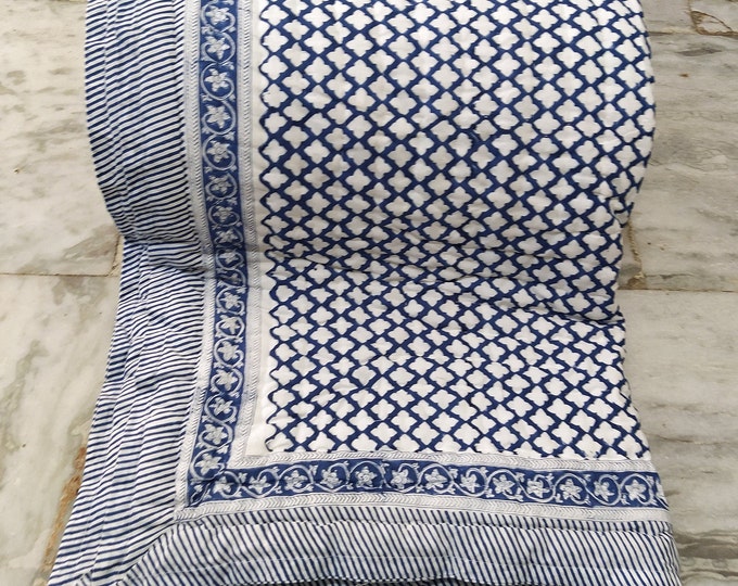 Featured listing image: Indigo Hand Block Printed Cotton Quilt: Reversible Indian Bedding