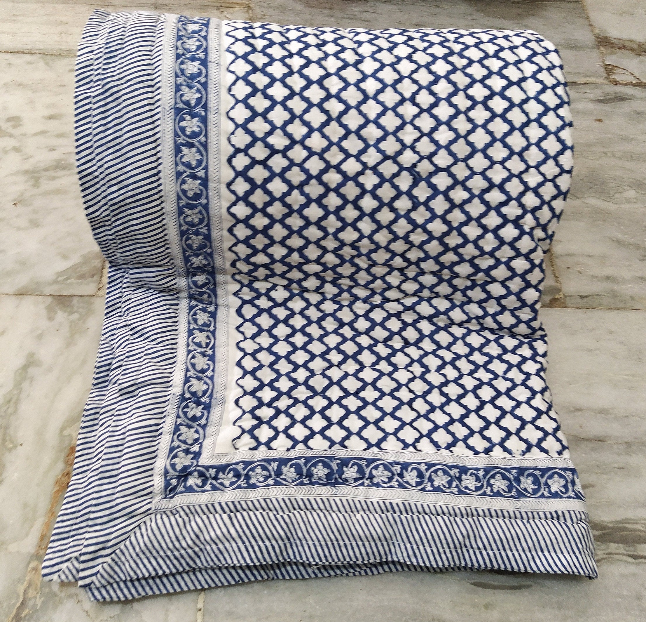Indigo Hand Block Printed Cotton Quilt: Reversible Indian Bedding