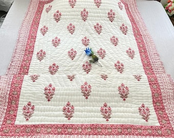 Hand Block Printed Cotton Quilt, Floral Razai Throw - Handmade in India