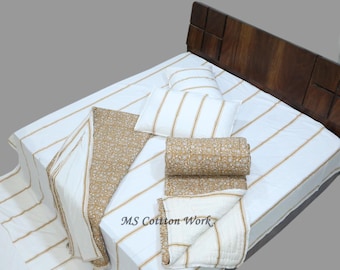 Handmade Cotton Quilt: Brown Line Pattern, Reversible Indian Design