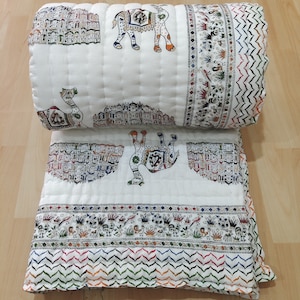 Handmade Floral Block Print Reversible Cotton Quilt, New Design Quilt