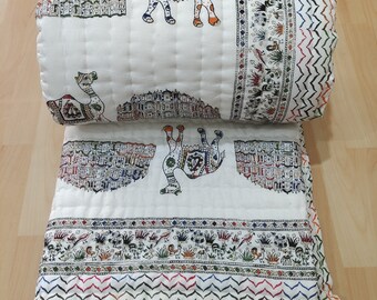 Handmade Floral Block Print Reversible Cotton Quilt, New Design Quilt