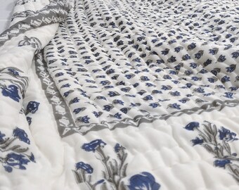 Hand Stitched Queen Size Quilt: Boho Cotton Bedding Block Blanket