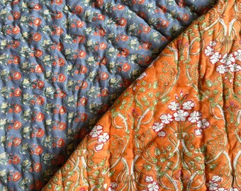 Rustic Orange Hand Block Print Fabric with White Floral Motifs
