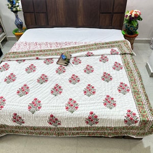 Indian Handmade Queen Hand Block Printed Reversible Cotton Quilt, Bedspread, Bed cover, Bohemian Bedspread, Boho Quilt, Bedding, Coverlet