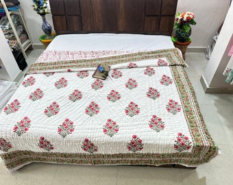 Handmade Indian Queen Cotton Quilt: Hand Block Printed Reversible Bedspread