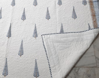 Handmade Indian Queen Quilt: Reversible Cotton Bedspread, Hand Block Print
