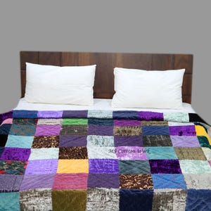 Patched Velvet Quilt: Hand Block Printed Cotton Bed Cover