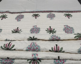Hand Stitched Block Print Quilt: Palm Tree Cotton Queen Blanket