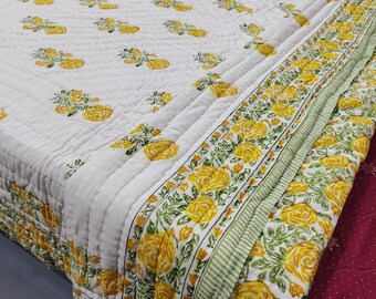 Hand Block Floral Cotton Kantha Quilt: Reversible Lightweight Blanket
