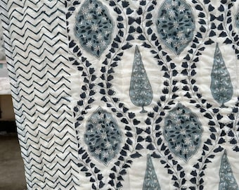 Hand Block Print Cotton Quilt – Blue Grey Mughal Paisley & Cypress Pattern – Boho Bedding