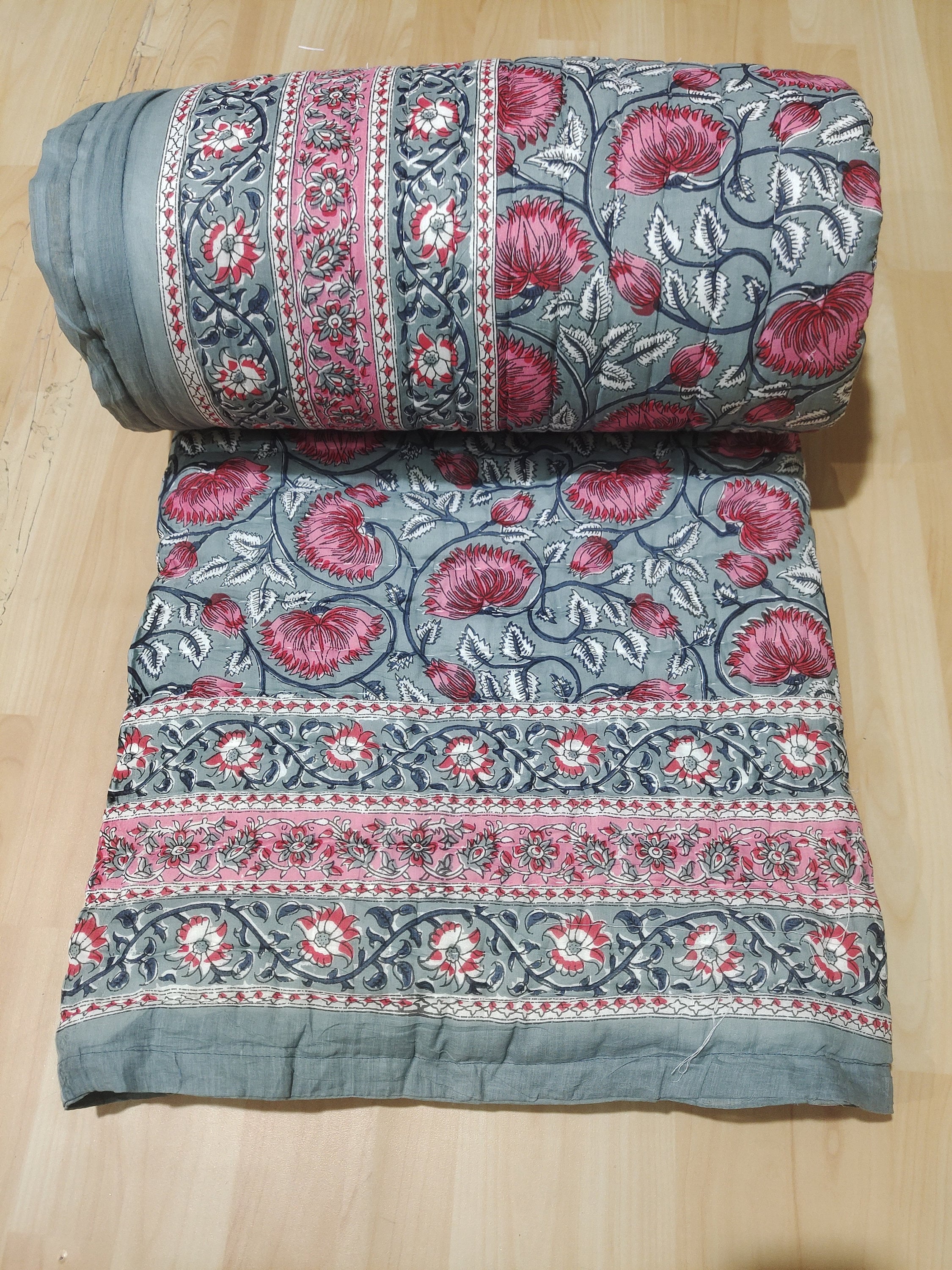 Hand Block print Quilt Floral. Reversible Quilt Soft Quality Etsy