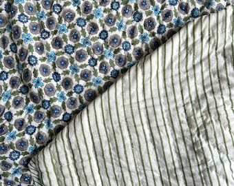 Handmade Floral Block Print Quilt: Blue Butta, Natural Cotton