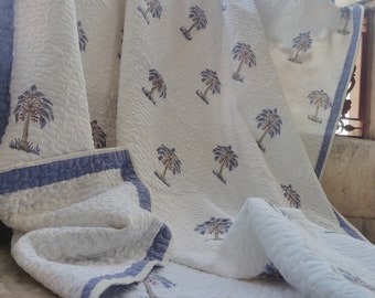 Palm Tree Quilt: Reversible Hand Block Print Cotton Queen Bedcover