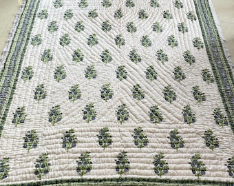 Hand Block Print Cotton Quilt: Hand-Stitched Floral Bedding