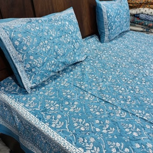 Blue Floral Hand Block Print Cotton Flat Sheet with Shams