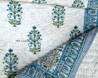 Hand Block Printed Cotton Quilt: Reversible Floral Mughal Design