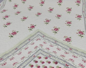 Handmade Cotton Quilt: Pink Floral Boho Bedspread